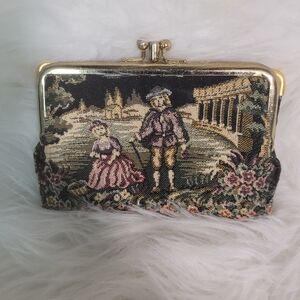 Vintage Tapestry & Leather Kisslock Clutch Wallet